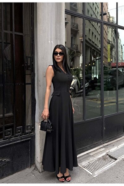 Moda Days Women's Black - Black V-Neck Buttoned Sleeveless Maxi Length Atlas ...