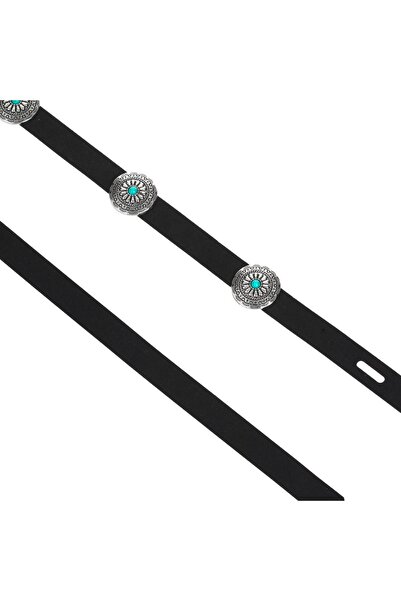 OEM Curea boho neagră de damă, cu 6 discuri decorative argintii cu piatră tur...