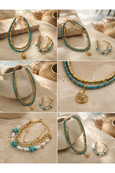 Elmosia Jewelry Double Necklace and Multiple Bracelet Set Special Combination Design Modern Marine Themed Jewelry Set