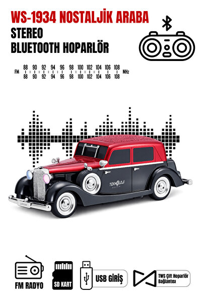 Teknoloji Gelsin Retro Bluetooth Hoparlör 10W Vintage Araba Tasarımlı FM Radyo USB TF Kart Destekli Tws Stereo