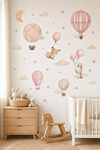 Sim Tasarım Sky Stories Pink Hot Air Balloon Wall Sticker Set