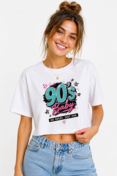 Lizbon Style Γυναικείο Crop T-shirt 90's Baby με στάμπα Oversize Άνετη Γραμμή...