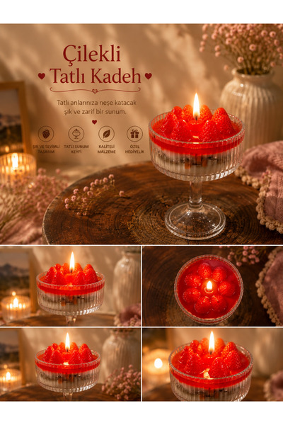 Saklı Kat Atölyesi El Yapımı %100 Doğal Soya Wax Çilekli Tatlı Kadeh Mum – De...