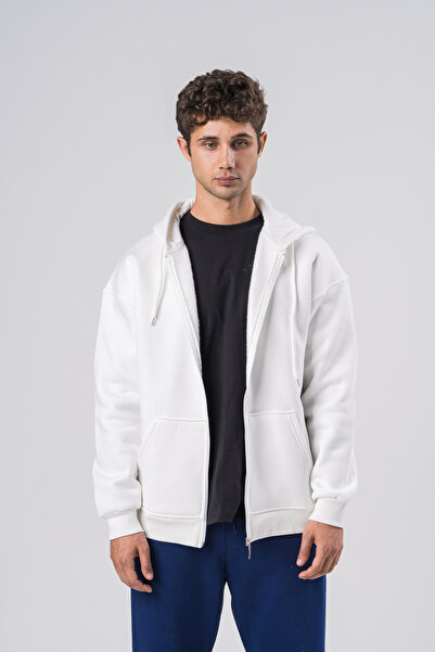 COAL CİTY Erkek Ekru 3 İplik Oversize Fermuarlı Kapüşonlu Hoodie