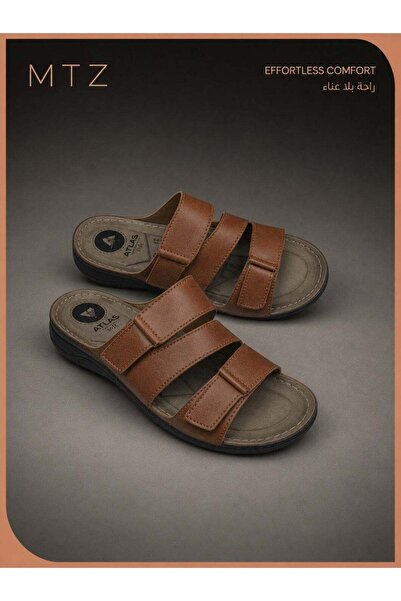 mtz Men's Brown Leather Sandals, Three Strap Slide Sandals for Summer, Open T...