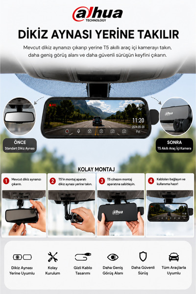 DAHUA DHI-T5 Dikiz Aynalı Araç İçi Kamera 4K Çözünürlük + Ön ve Arka Kamera +...