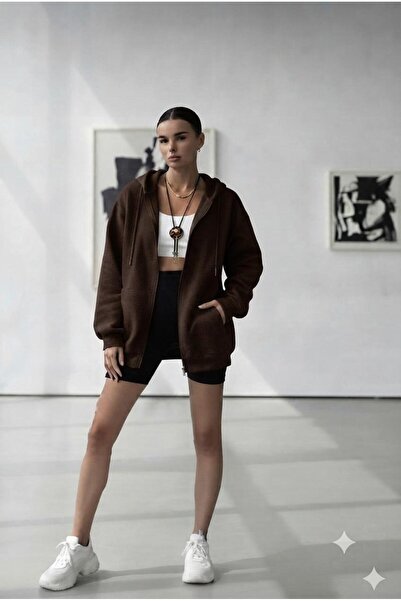 NO 601 Women's Brown Hooded Zippered Cardigan Basic Plain Jacket