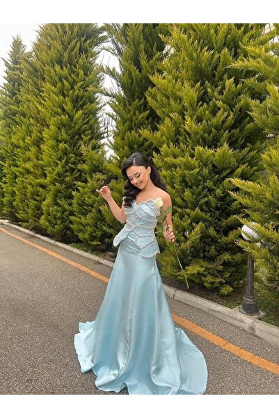 ranin Evening Dress Turquoise Chest Pearl Zircon Double Cloche Mikado