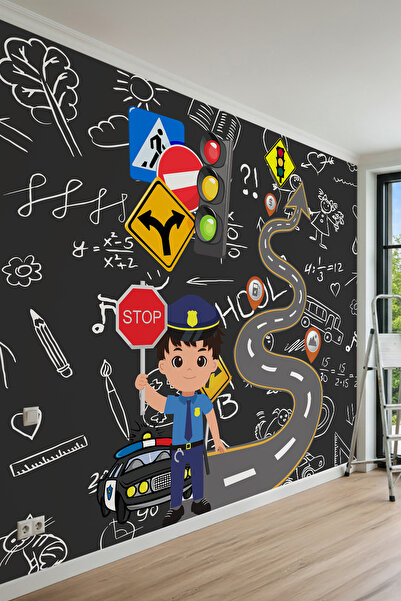 dreamwall Kara Tahta Arka Planlı, Trafik Polisi, Kıvrımlı Yol ve Trafik İşare...