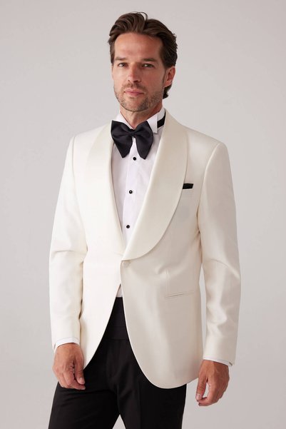 Ysf Erkek Krem Slim Fit Sabit Şal Yaka Damatlık