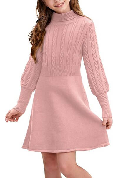 Dotail Knitted Dress, High Neck, Puff Sleeves, Accented Waist, Size 150, Visc...