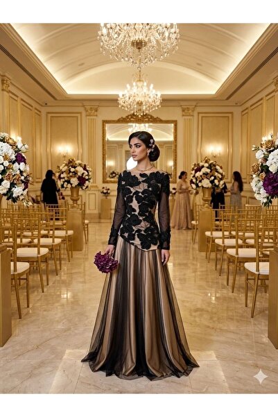 ranin Black Evening Dress with Taffeta Lining, Tulle, and Double-Cloche Embro...
