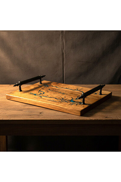 Mekece Presentation Tray Eps-K10 |   Handmade Cobalt Blue Epoxy Patterned Walnut Wood Decorative Tray