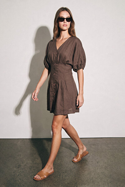 Nisan Pleated Linen Mixed Short Dress Brown
