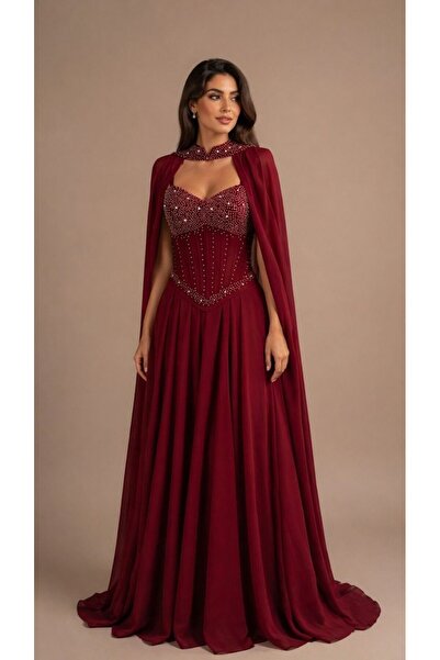 ranin Evening Dress Burgundy Chiffon Embroidery Pearl Zircon Double Cloche