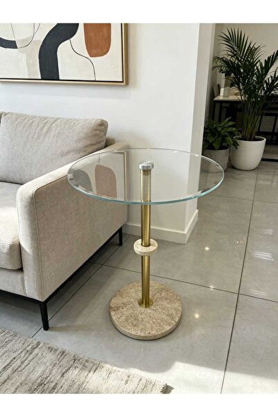 Generic Steel Column Service Table Glass Top Artificial Marble Base