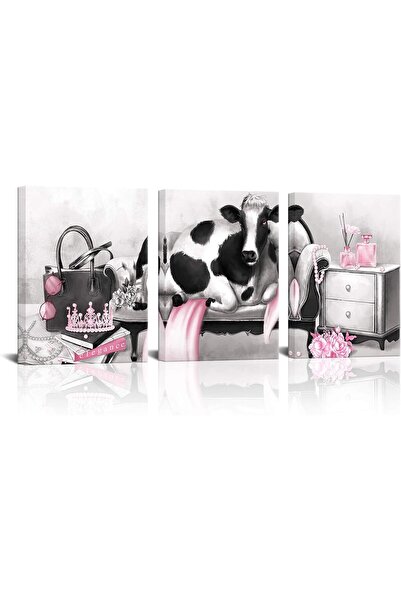 HOME MODE 30x40 cm 3 Panel Gallery Wrapped Canvas | Fashion Cow Wall Art | Pi...
