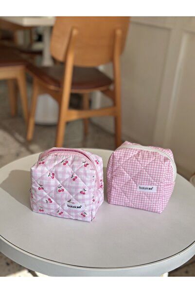 Batekso 2'li Pembe Kiraz Ve Pembe Kare Desenli Makyaj Çantası - Küçük Boy