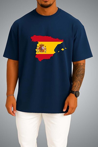 Bahriyeli Collection Oversize Spain Flag and Map Chest Printed Unisex T-Shirt