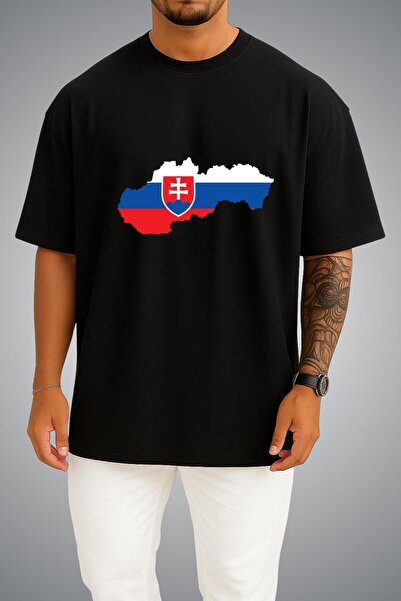 Bahriyeli Collection Oversize Slovakia Flag and Map Chest Printed Unisex T-Shirt