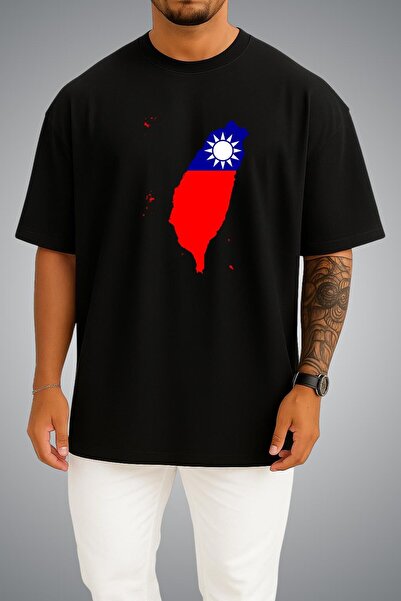 Bahriyeli Collection Oversize Taiwan Flag and Map Chest Printed Unisex T-Shirt