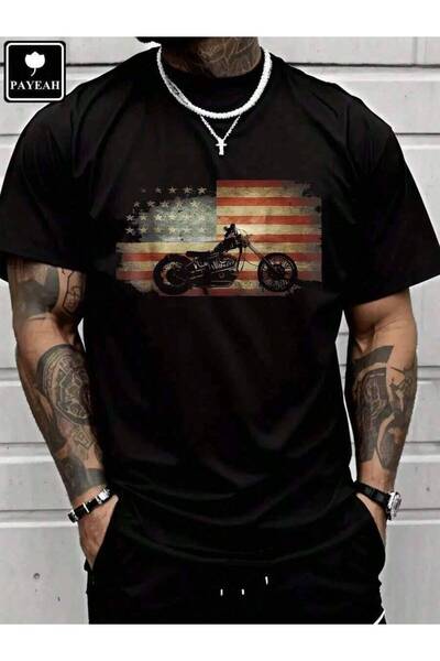 k222 Retro Vintage USA Flag Motorcycle Patriotic America Biker T- Heavy Cotto...