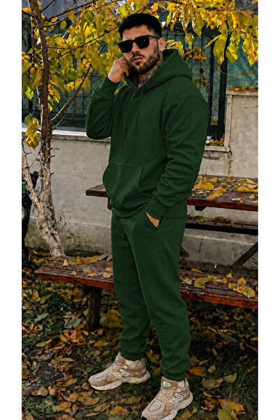 YAKAMEL Erkek Kapşonlu 3 İplik Şardonlu Salaş Bol Hoodie Eşofman Takımı