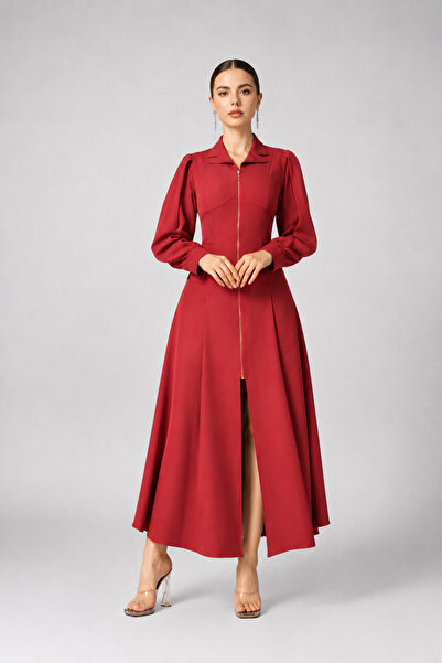 Opera Fashion Red Midi Dress with Front Zipper and Long Sleeves