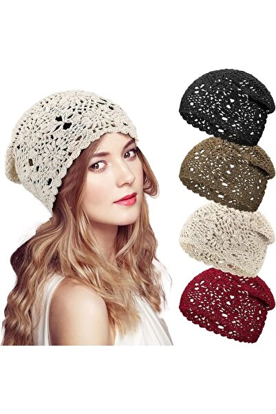 STARSTAR 4 - pc Hat Set - Womens Cotton Crochet Hat - Hand - knitted - Autumn...