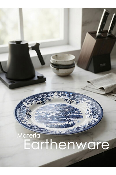 Claytan Earthenware Classic Blue Windmill & Floral Pattern Dinner Plate, 10.2 Inch, White (Set of 6)