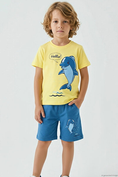 Breeze Boy's Shorts Set with Cute Dolphin Figure, Ages 2-6, Yellow