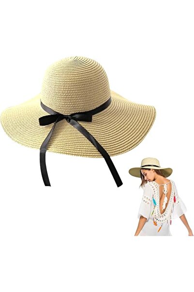 STARSTAR Wide-brimmed women's beach-decorated folding travel hat (khaki)