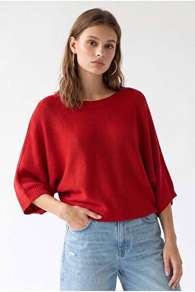 Mixray 7044 Women's Slim Boat Neck Bat Sleeve Knit Sweater Red