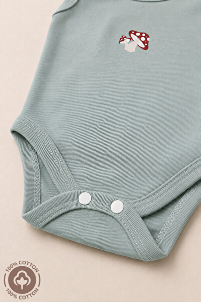 Miniel Unisex Bebek Mantar Baskılı Pamuklu Likrasız Ribana Kumaş Penye Bebek Kolsuz Body