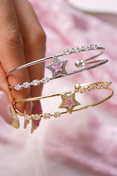 AŞIK ACCESSORIES Sparkling Princess (Coquette) Handcuff Bracelet with Pink St...