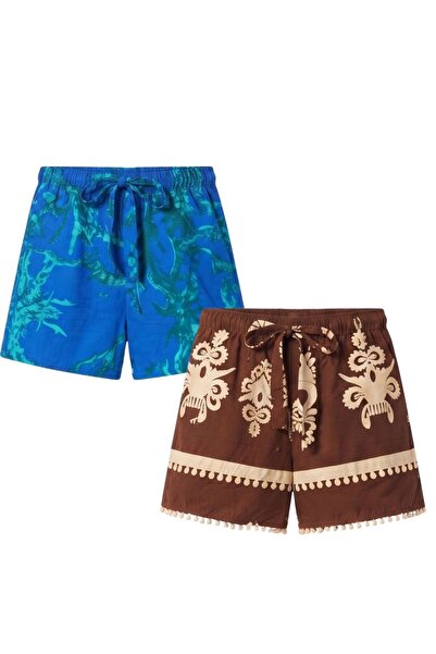 Flubutik 2Li Woven Viscose Short Shorts Treebranches+Kahveembroidery