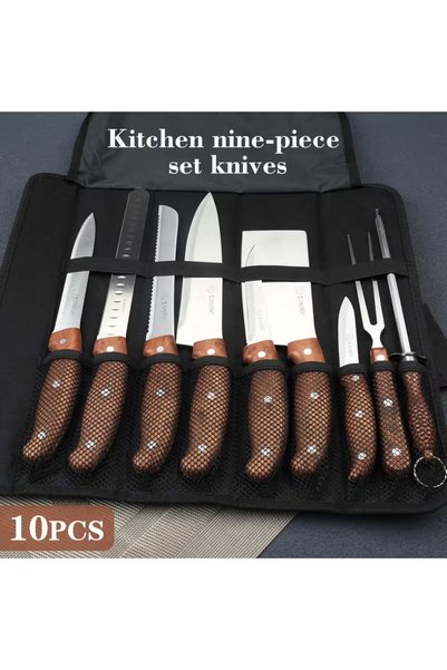 Klyte 10 Piece Kitchen Knife Set - Ultra Sharp Chef Knife Set with Ergonomic Handle, Roll Bag & Sharpening Rod for Home Cooks, Professional Chefs - Cutlery for Daily Meal Prep