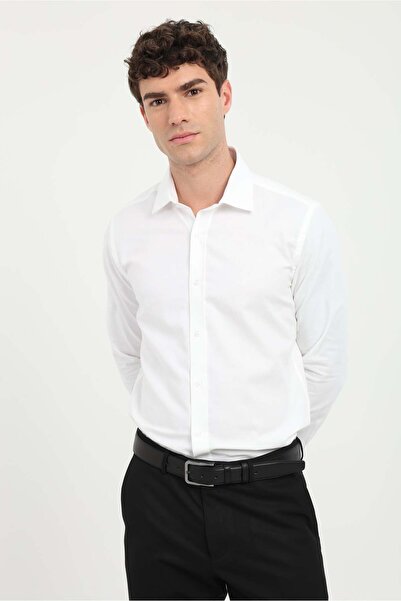 Dufy Men's Slim Fit Long Sleeve White Shirt