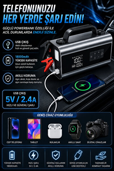 Merwish Akü Takviye Cihazı 18000mAh Hava Kompresörü Powerbank Süpürge Üfleme 10'u 1 Arada 150 PSI 1800A