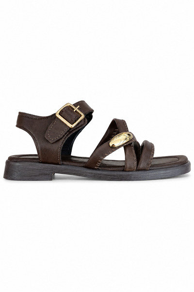 Ekonomik Ayakkabı Women's Brown Gold Accessory Ankle Buckle Flat Sole Daily S...