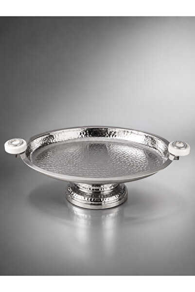 MuratogluHome Gümüş Dövme Metal Ayaklı Gondol Taşlı Kulplu Dekoratif Sunumluk Meyvelik (50x30 cm)