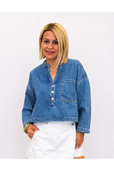 SİSTA MODA 701 Zr Hakim Collar, 3 Buttons, Waist Length, Denim Blouse