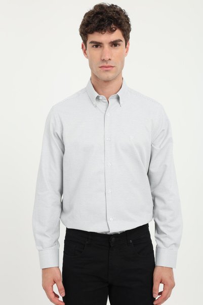 Dufy Men's Regular Fit Button-Down Collar Long Sleeve Dark Gray Shirt