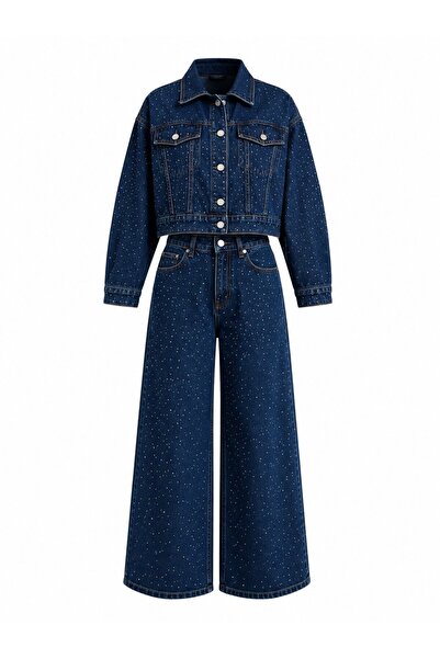 Laluvia Navy Blue Denim Stone Suit - 1231