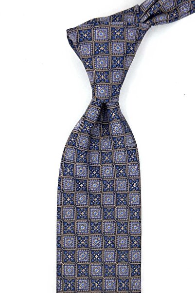 Kravatkolik Beige Navy Blue Motif Pattern Classic Tie with Handkerchief Kk13898