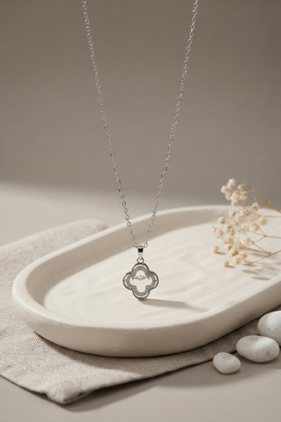 Epilons 316L Steel Chain Silver Color Zircon Stone Clover Model Necklace