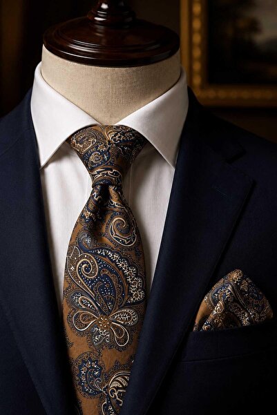 Kravatkolik Caramel Color Shawl Patterned Handkerchief Classic Tie Kk13959