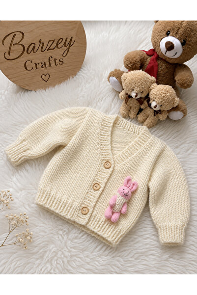 Barzey crafts كارديجان أطفال محبوك يدويًا بتطريز أرنب - لون إكرو، بأزرار، للج...