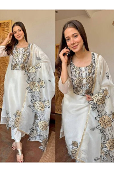 MYSMAR White JMC Silk Embroidered Suit Set - HRT8687 | White-Size:2XL-44-Inches