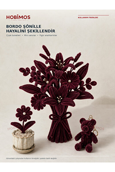 Hobimos 10 Adet Bordo Şönil Tel - 6 mm x 30 cm - Tüylü Çubuk Çiçek ve Hobi Malzemesi